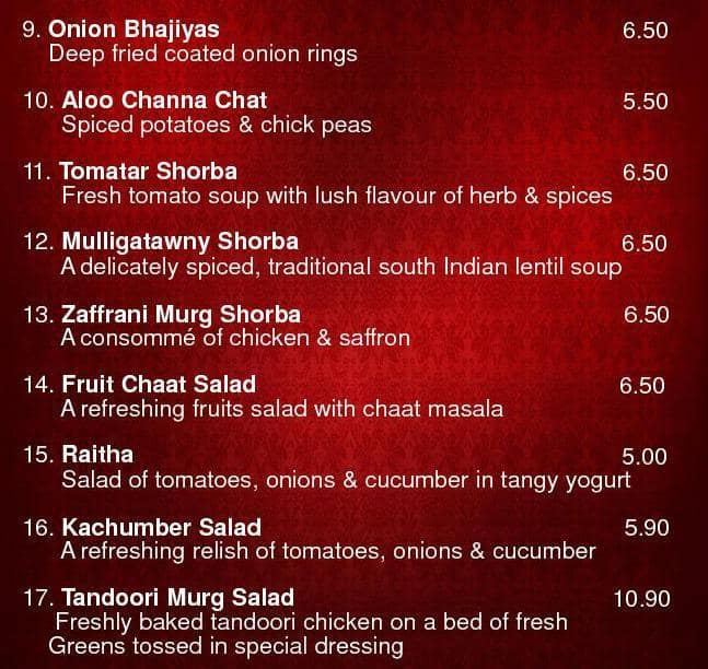 Indian restaurant メニュー