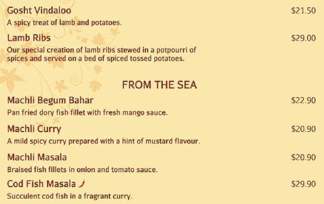 Indian restaurant メニュー