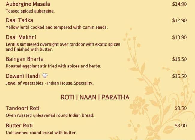 Indian restaurant メニュー