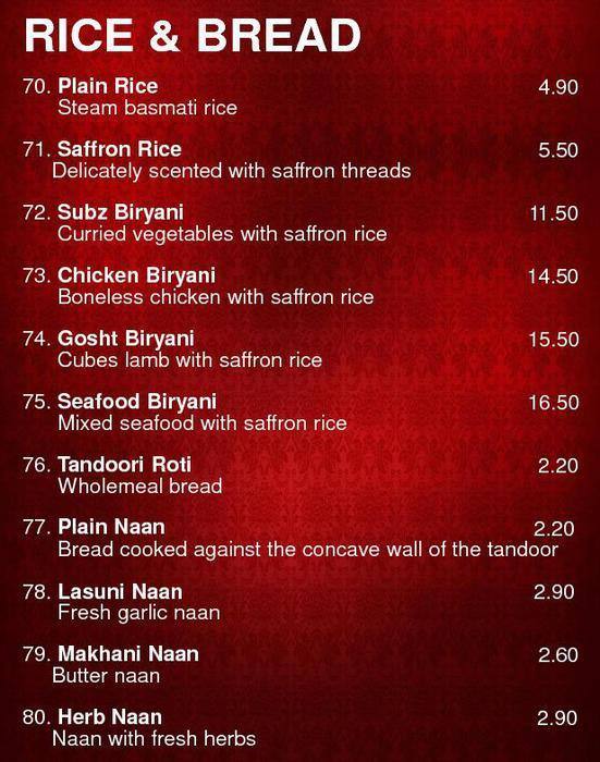 Indian restaurant メニュー