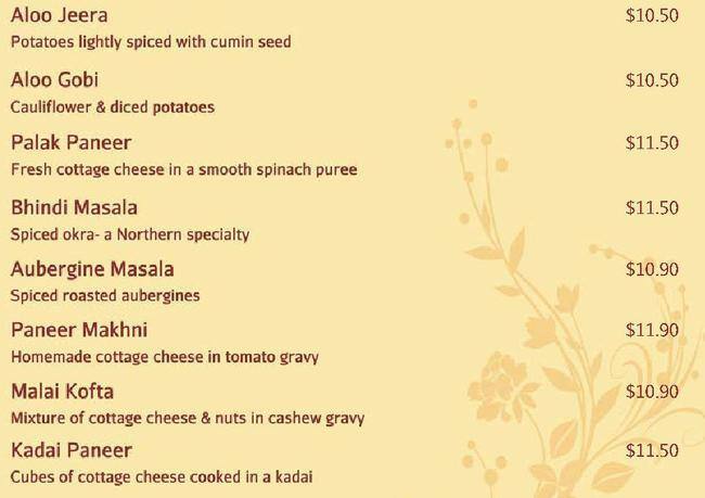 Indian restaurant メニュー