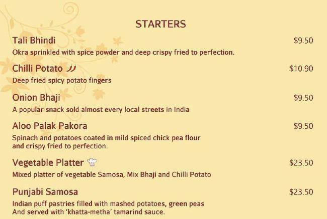 Indian restaurant メニュー