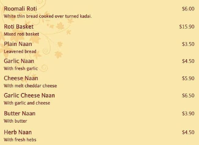 Indian restaurant メニュー