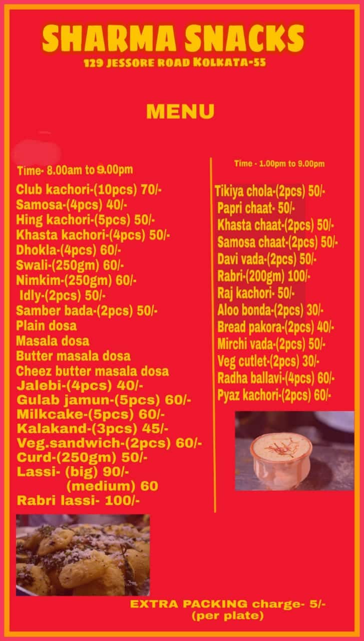 Sharma Snacks menu