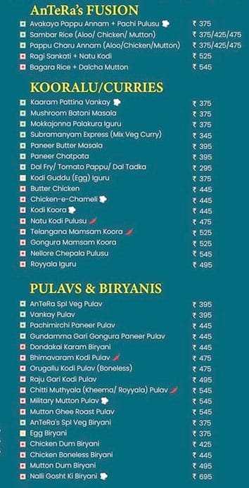 Menu of AnTeRa Kitchen And Bar, Jubilee Hills, Hyderabad