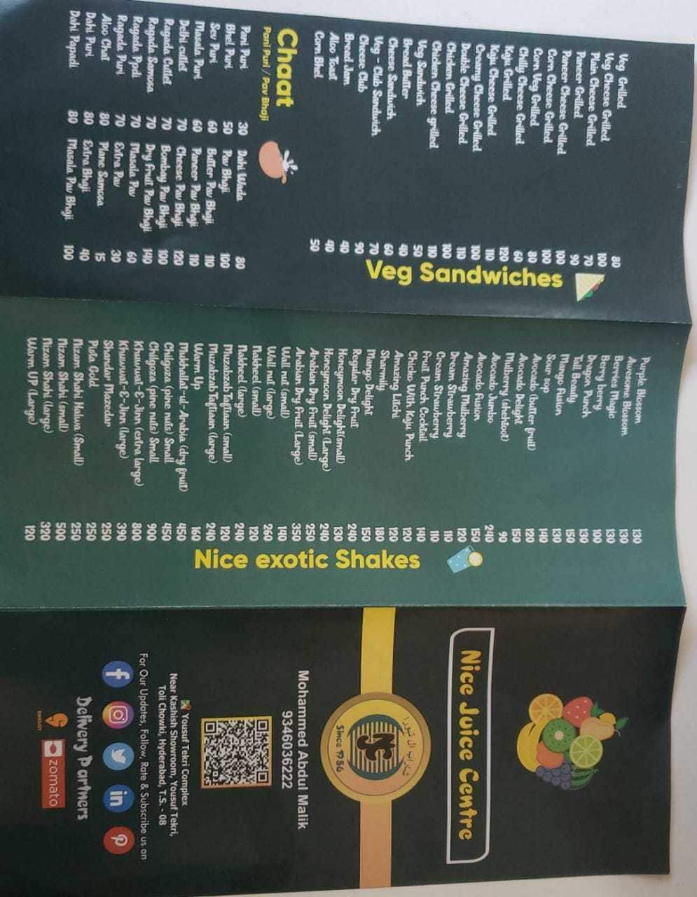 Menu of Nice Juice Centre, Tolichowki, Hyderabad