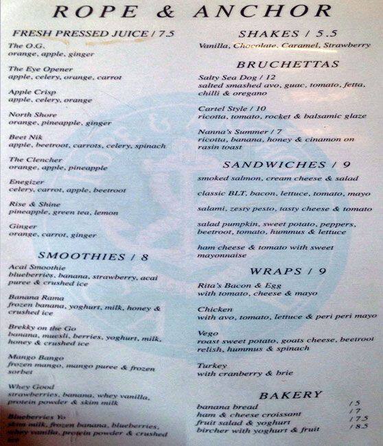 The Rope and Anchor Cafe Menu, Menu for The Rope and Anchor Cafe, Manly