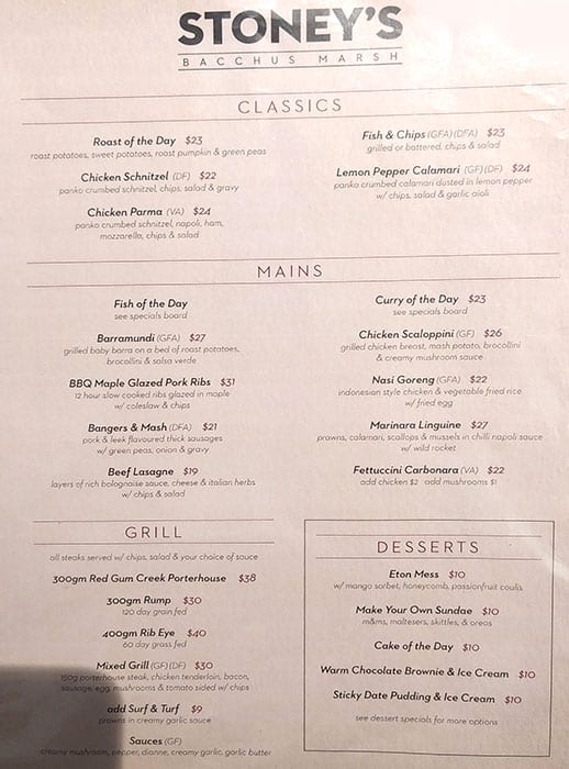 Stoneys Club Menu Menu For Stoneys Club Bacchus Marsh Melbourne