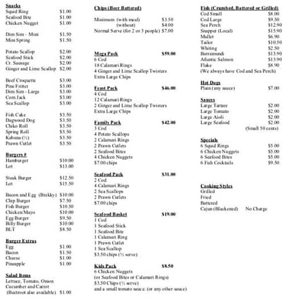 Menu at Best Fish & Chips in the Redlands fast food, Wellington Point