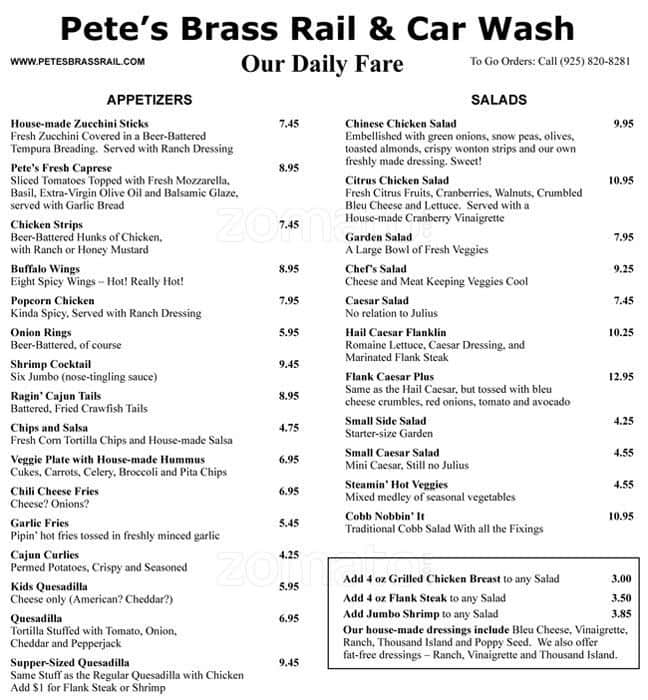 Pete's Brass Rail & Car Wash Menu Urbanspoon/Zomato