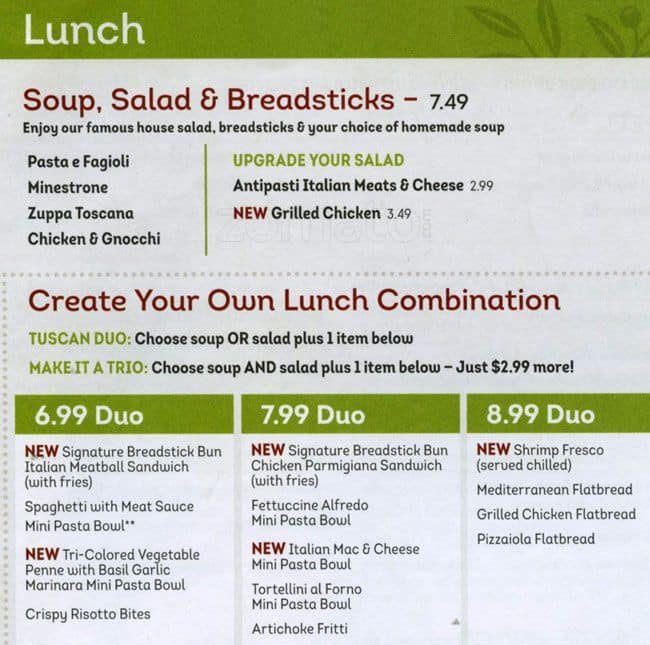 olive garden lunch menu on weekends