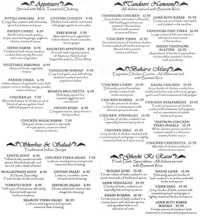 Saffron Menu, Menu for Saffron, Yorkshire, Charlotte Urbanspoon/Zomato