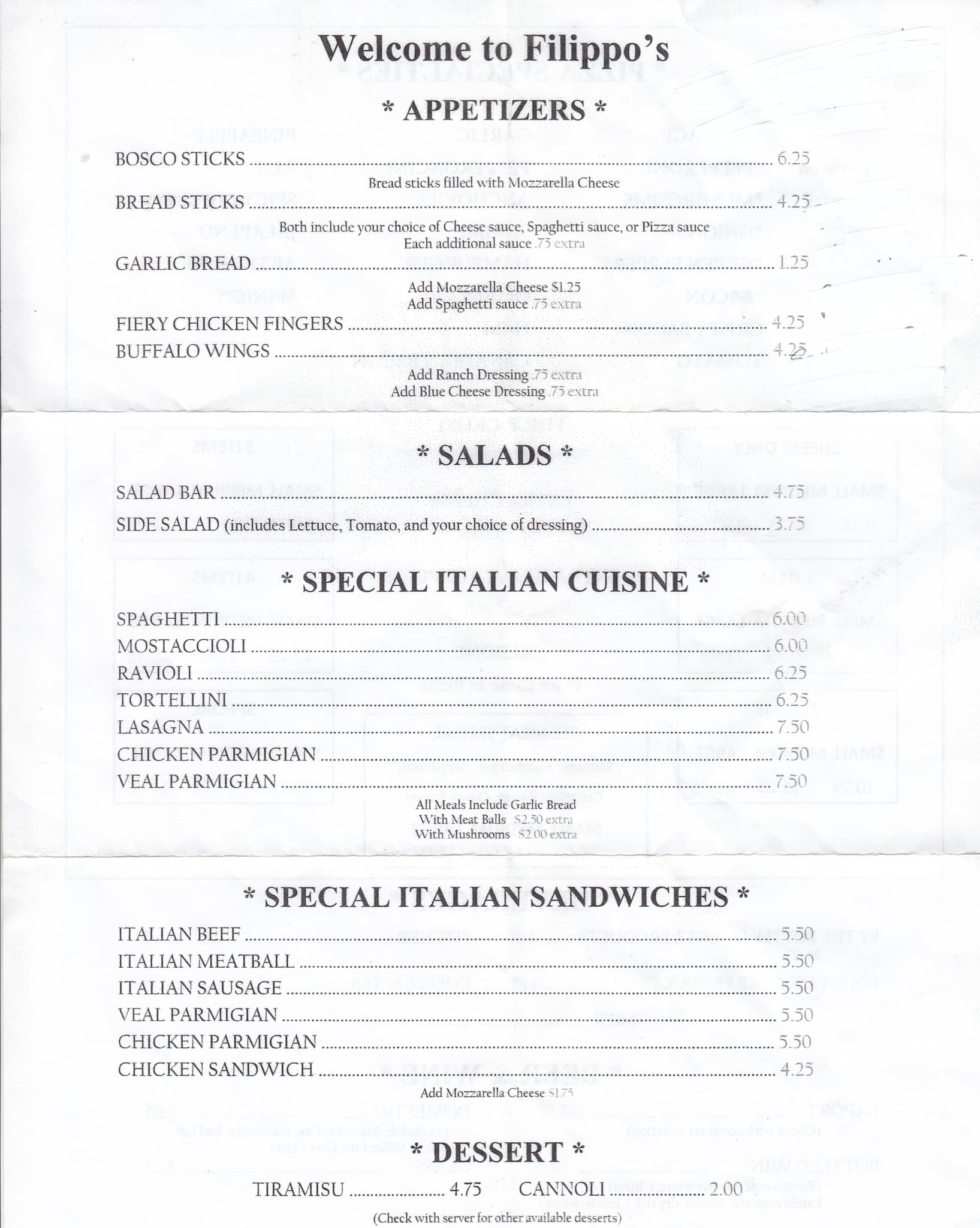 Menu at Filippo's Pizza & Italian Food pizzeria, Monticello