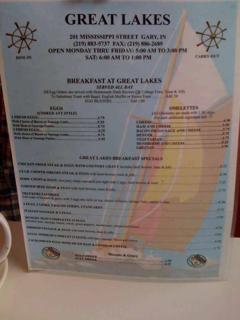 Menu at Great Lakes Cafe, Gary