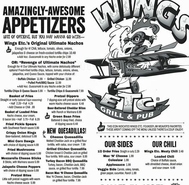 Wings Etc Menu, Menu for Wings Etc, Cape Girardeau, Cape Girardeau