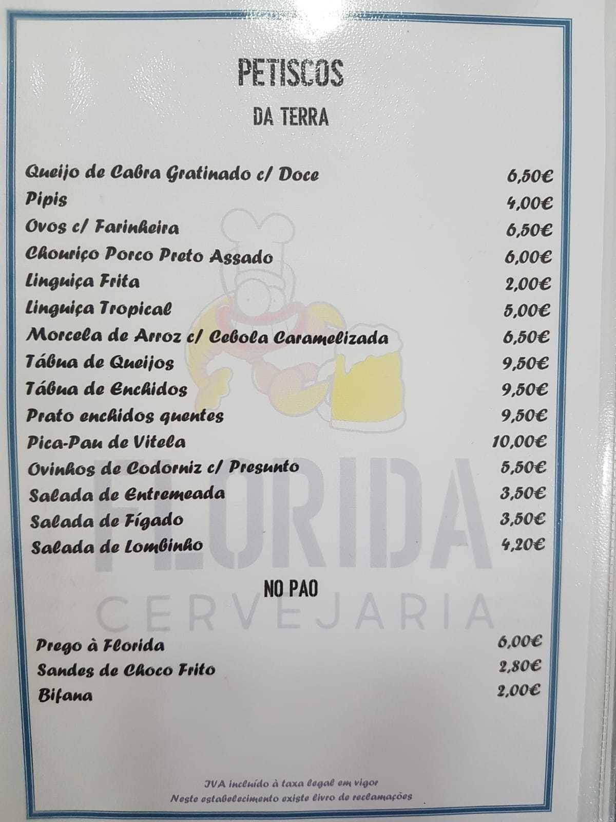 Menu at Flórida cafe, Setúbal Municipality