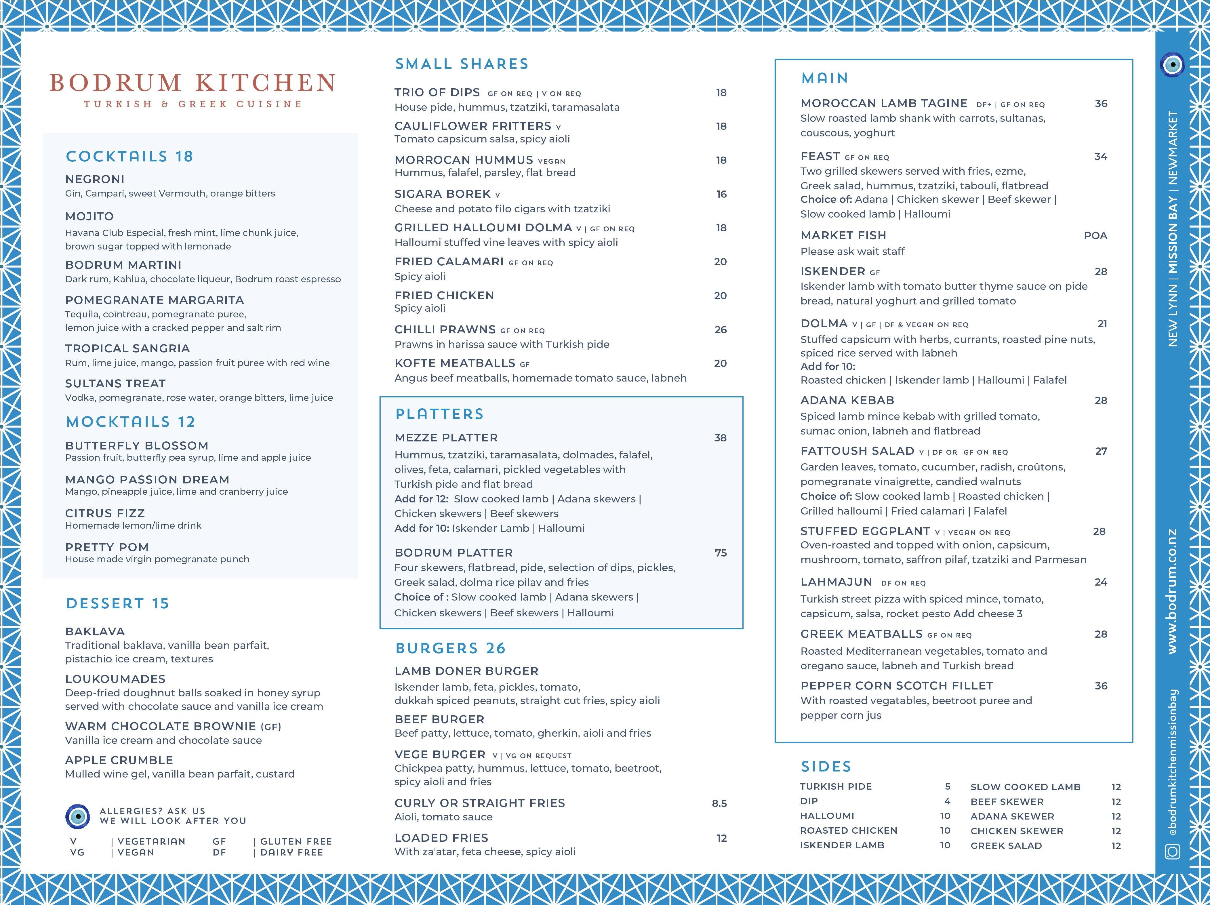 Menu at Bodrum Kitchen restaurant, Auckland, 81 Tamaki Dr