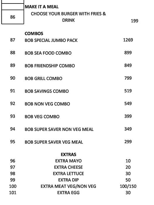 Menu at Boss Of Burgers BOB, Vijayawada