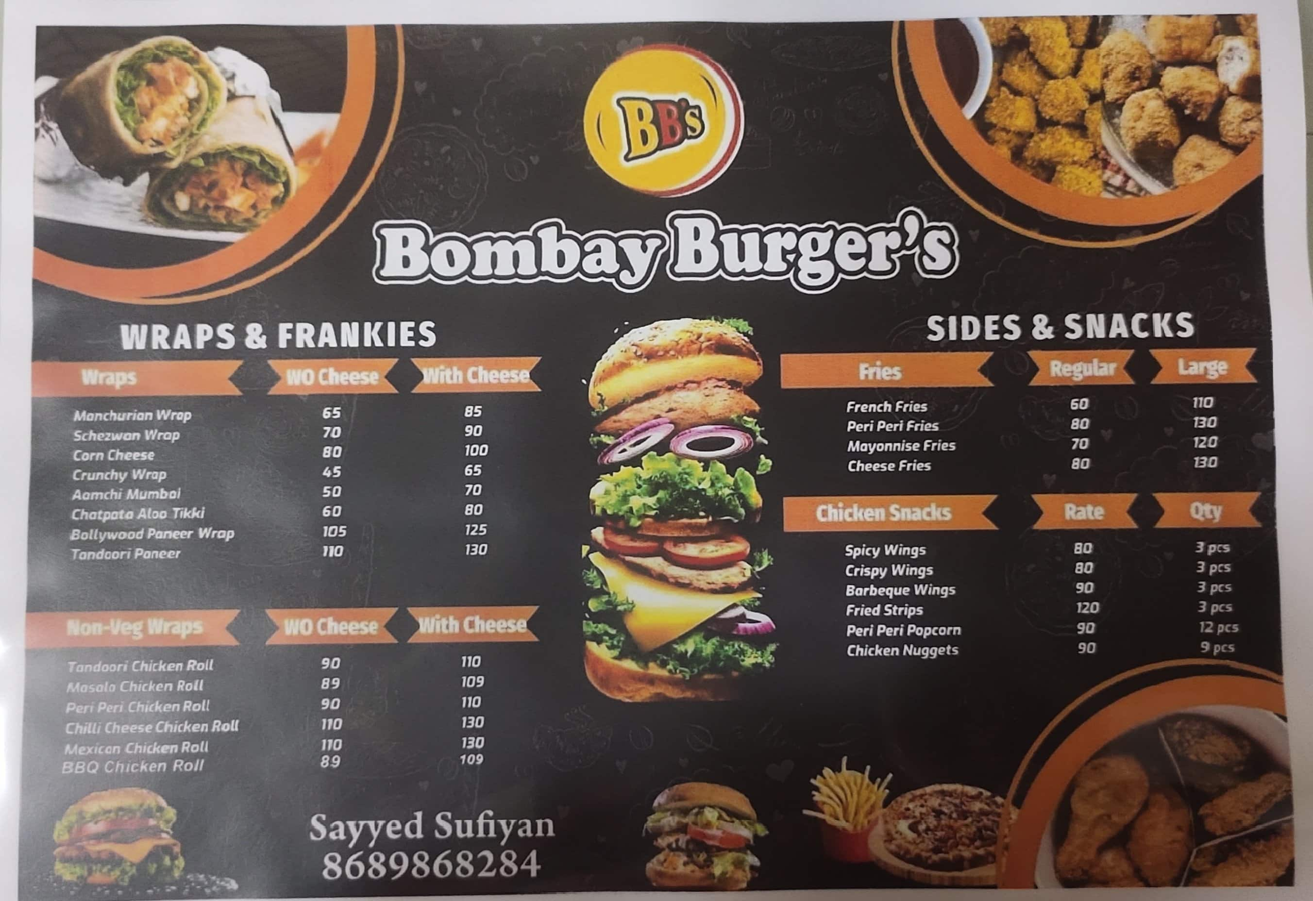 Menu of Bombay Burgers Kurla Mumbai