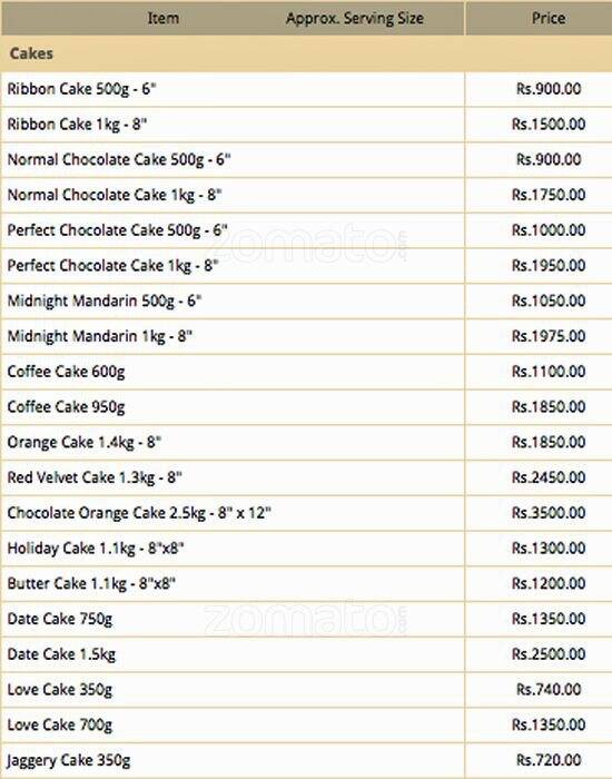 The Cake Factory menu