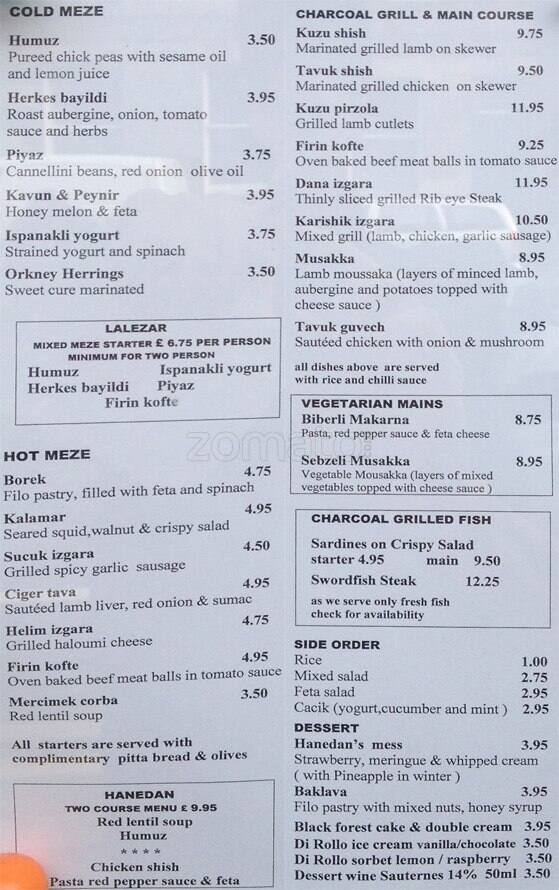 Menu at Hanedan restaurant, Edinburgh