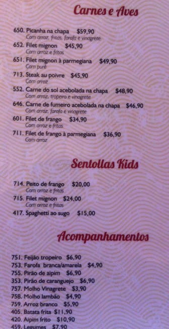 Sentollas cardápio