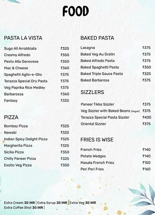 Terazza Bar and Kitchen menu