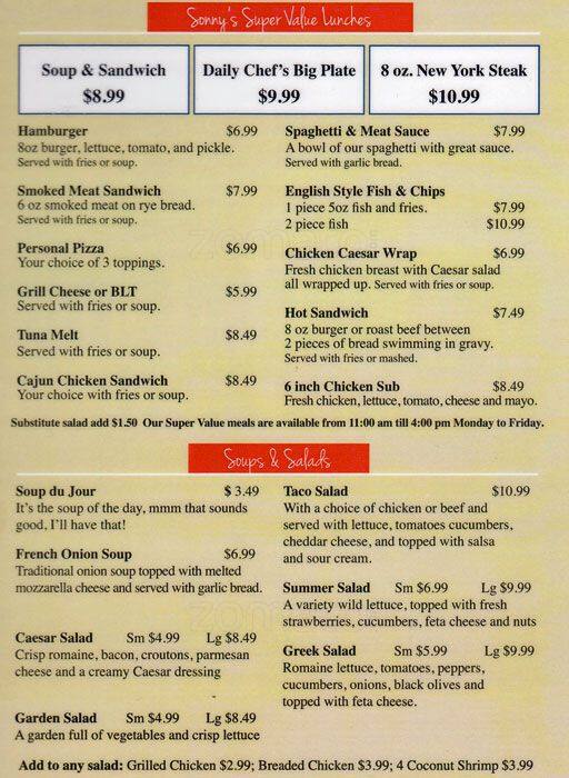 Menu at Sonny's Bar & Grill, Ottawa