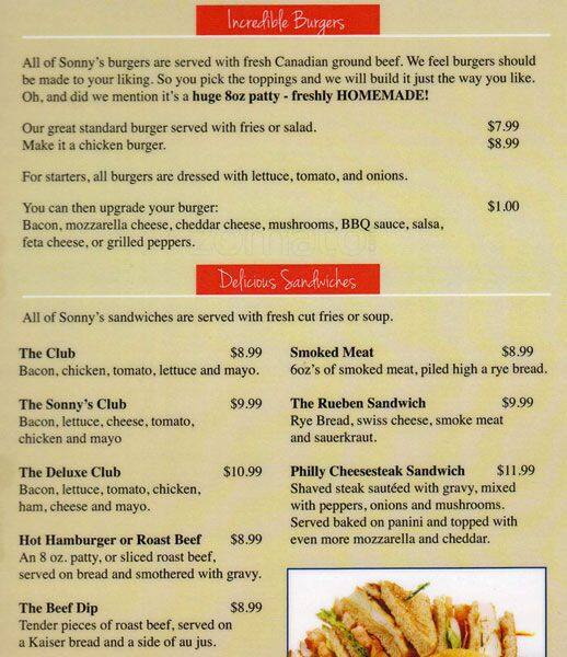 Menu at Sonny's Bar & Grill, Ottawa