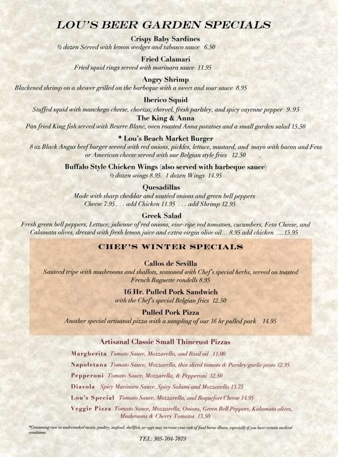 Lou's Beer Garden menu, Menu restauracji Lou's Beer Garden, Miami Beach