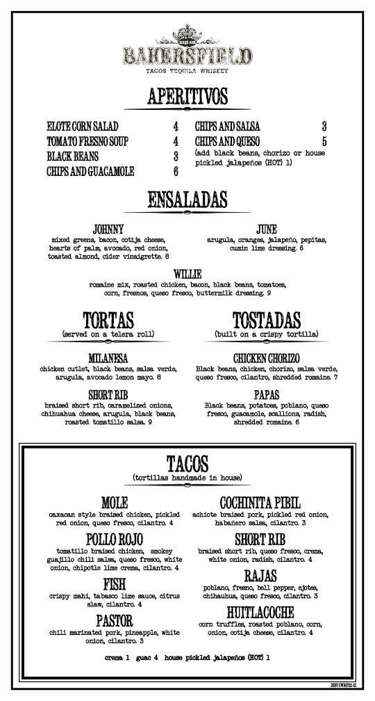 bakersfield indianapolis menu