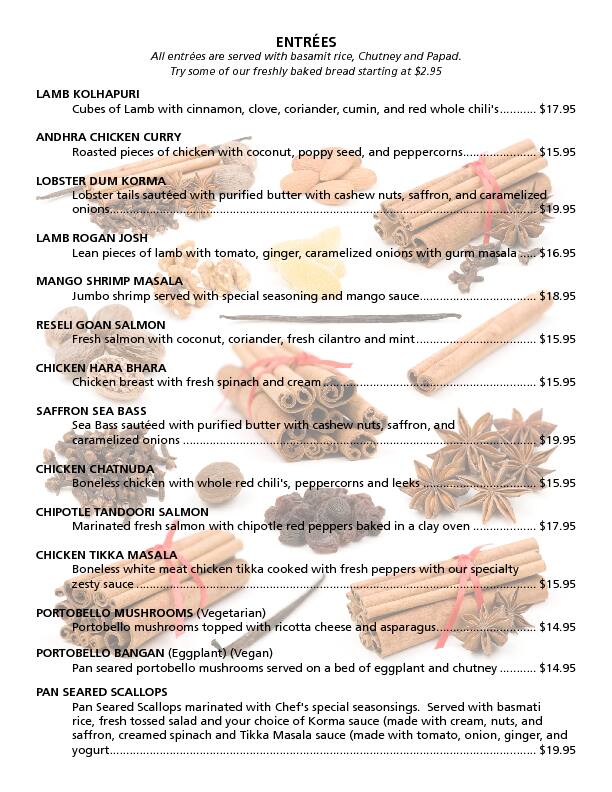 Menu at Cinnamon Kitchen Indian Cuisine restaurant, Asheville