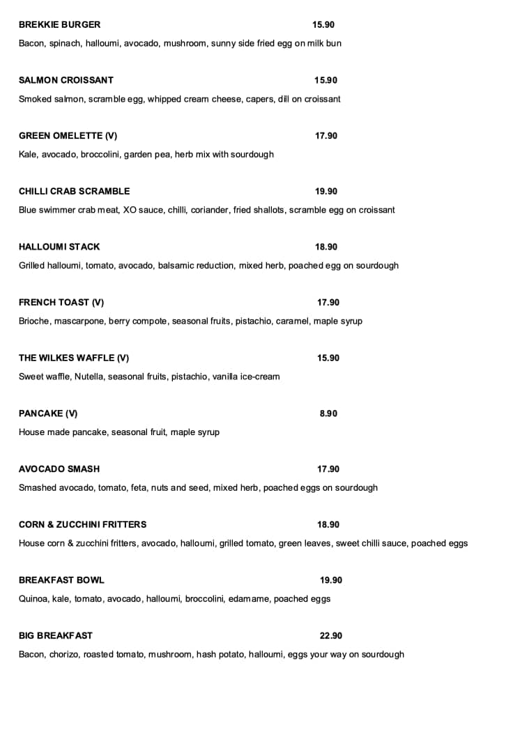 Menu at The Wilkes cafe, Artarmon, 7 Wilkes Ave