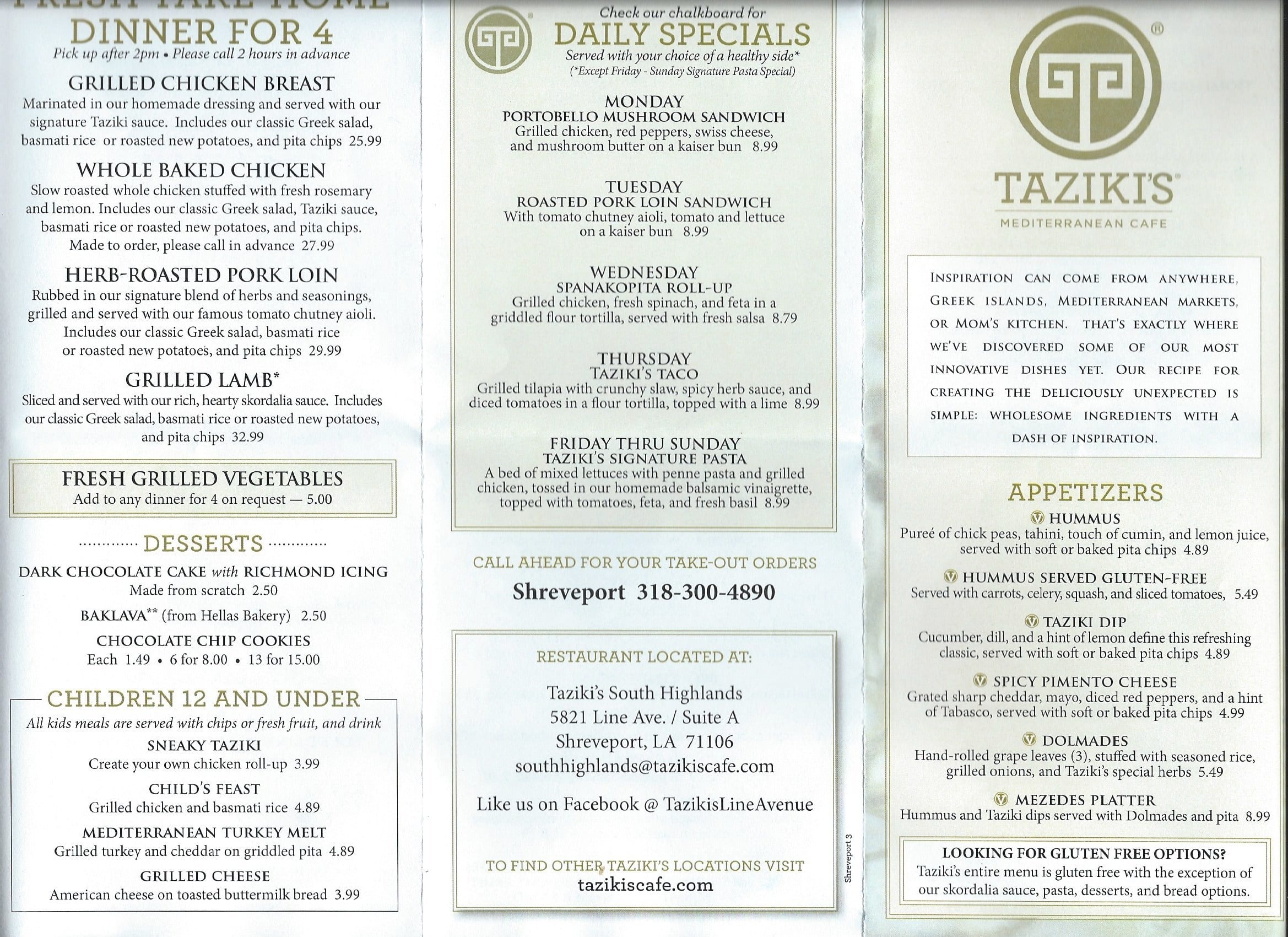 Menu at Taziki's Mediterranean Cafe, Shreveport