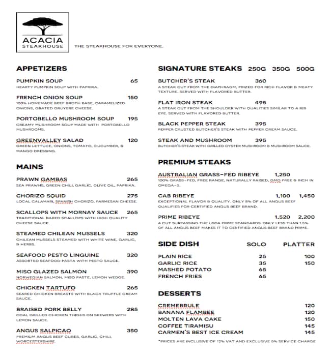 Acacia Steakhouse Menu, Menu for Acacia Steakhouse, Capitol Site, Cebu
