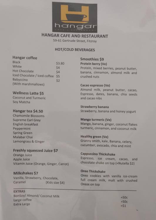 Hangar Cafe Restaurant Menu, Menu for Hangar Cafe Restaurant, Fitzroy ...