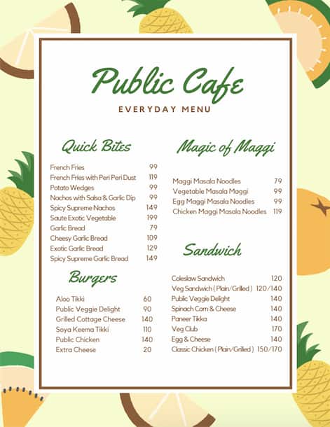 Public Cafe menu