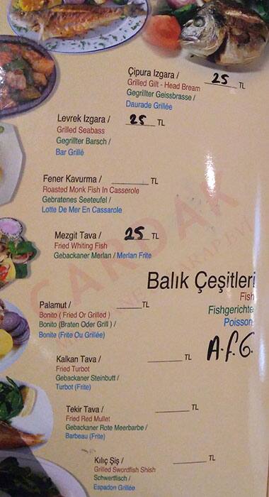Çardak Meyhane menü