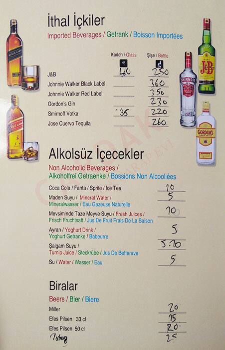 Çardak Meyhane menü