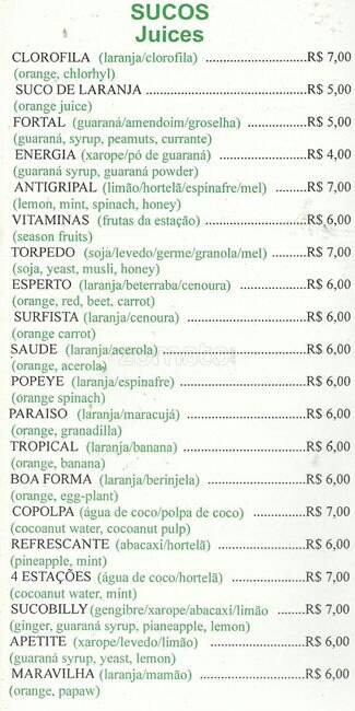 New Natural cardápio