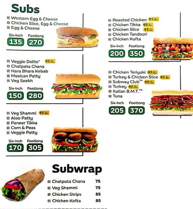 Subway Menu, Menu For Subway, Fc Road, Pune - Zomato