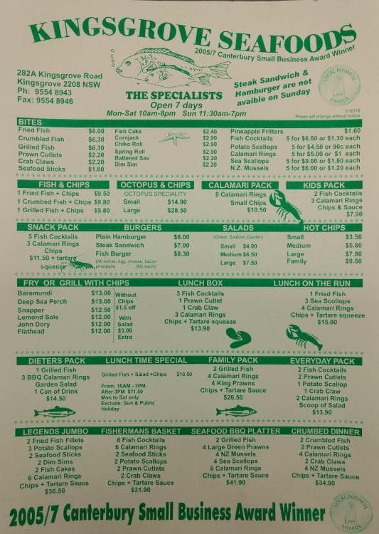 Kingsgrove Seafood Menu, Menu for Kingsgrove Seafood, Kingsgrove