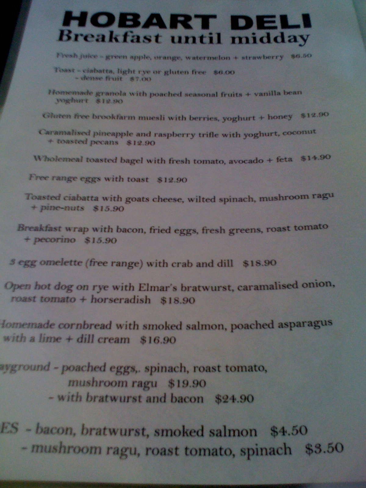 Hobart Deli Menu, Menu for Hobart Deli, North Perth, Perth Urbanspoon