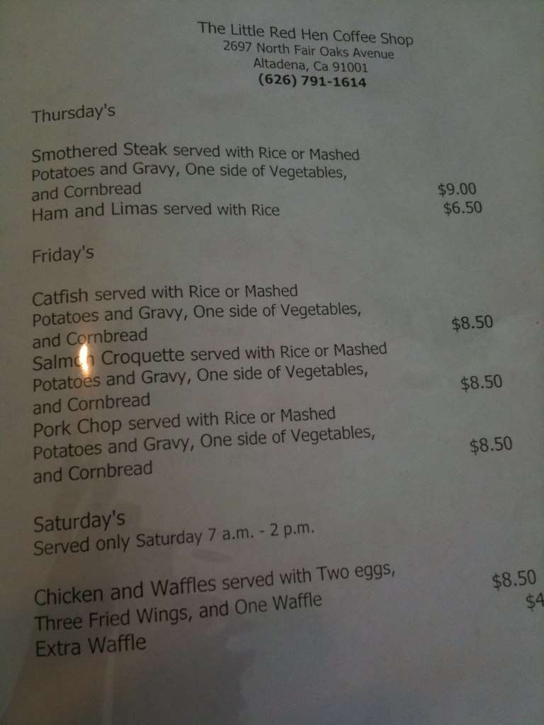 Carta de The Little Red Hen Coffee Shop