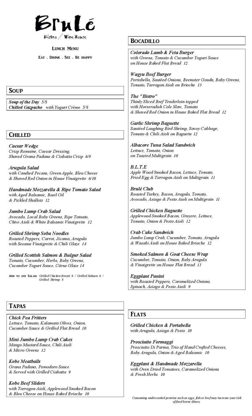 Menu at Brule Bistro pub & bar, Delray Beach