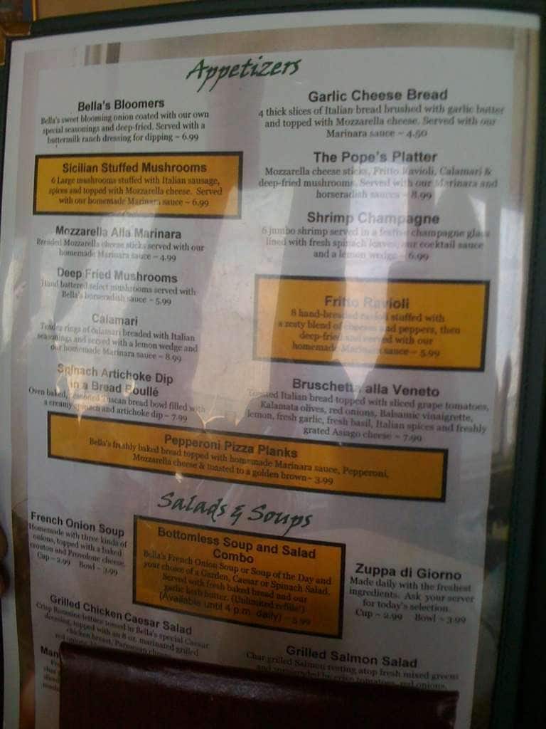 Menu at Bella's Italian Grille restaurant, Celina, W Bank Rd