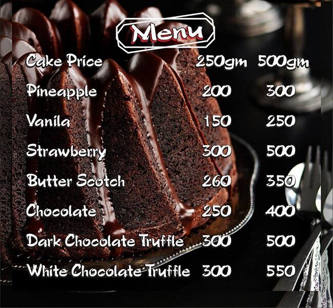 Menu at Queen's Bakery, Jabalpur