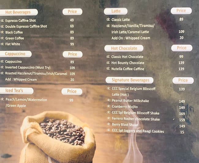 Menu of Chikmagalur Coffee Cafe, Hitech City, Hyderabad