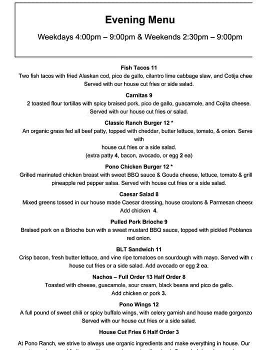 Menu at Pono Ranch Restaurant & Bar, Seattle