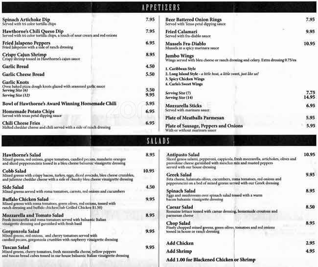 Hawthorne's Menu, Menu for Hawthorne's, Mint Hill, Charlotte